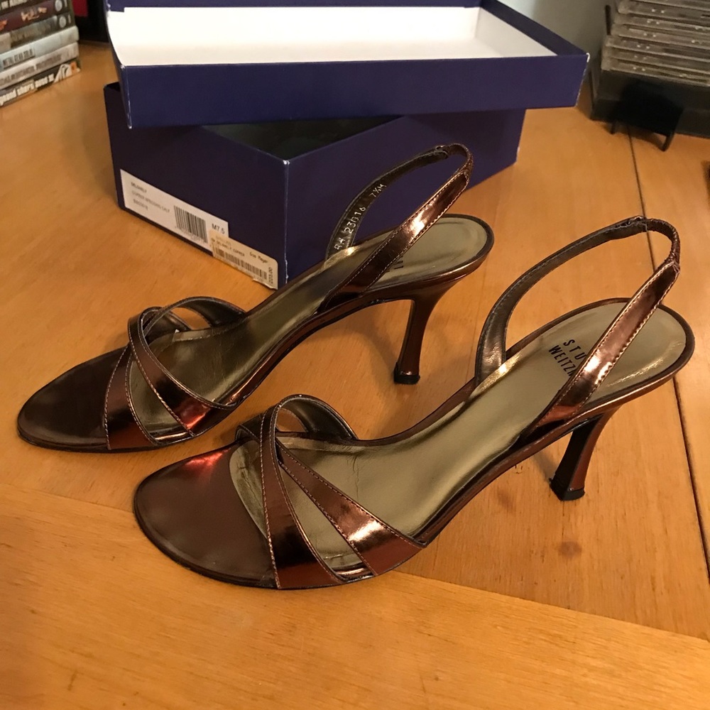 Stuart Weitzman Delovely Copper Specchio Calf Strap Evening Shoes 7.5 M